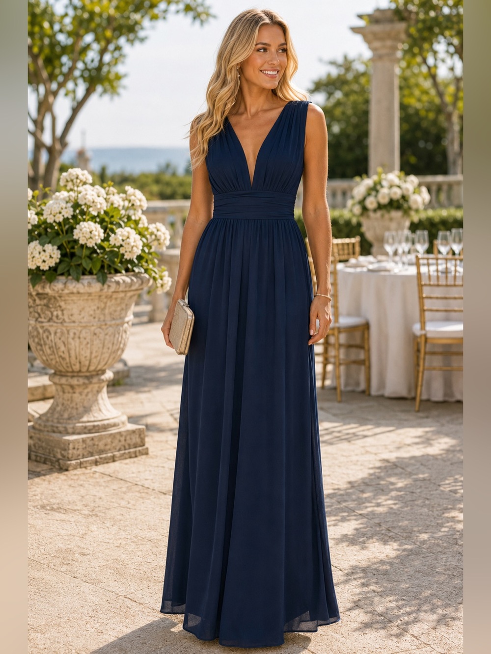 Lulus Navy Chiffon Maxi Gown XS S Deep V Formal Bridesmaid Dress Wedding Guest